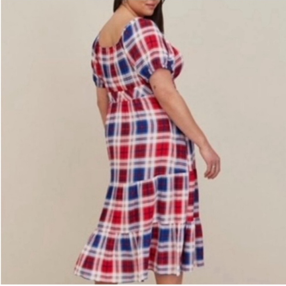 Torrid Puff Sleeve Tiered Midi Dress - Challis Plaid Red & Blue Sz14-16 (1X) EUC - Picture 2 of 14